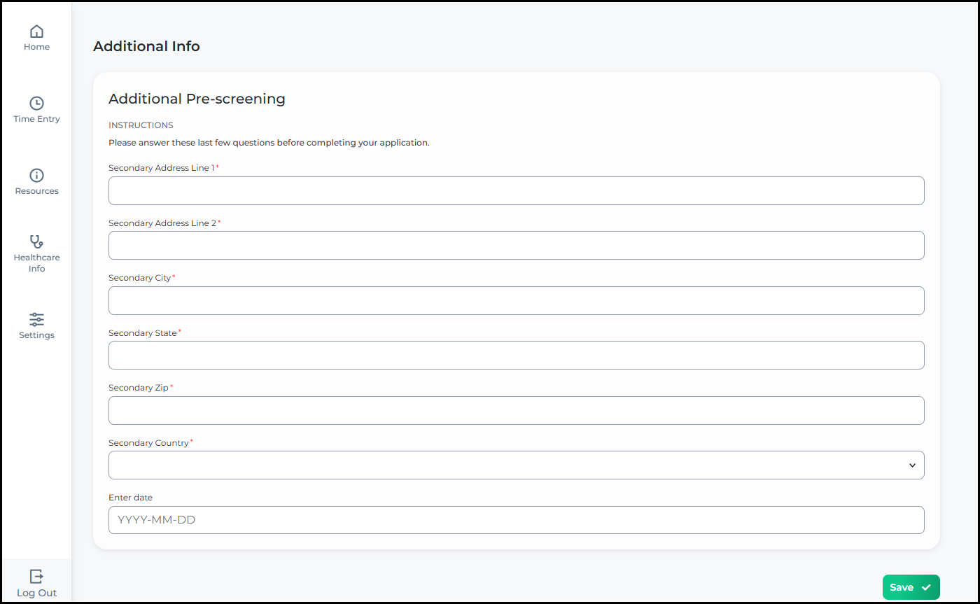 The updated Additional Information page showing the Q and A form with a refreshed visual design, displaying the same questionnaire content in a cleaner layout with the onboarding flow sidebar.